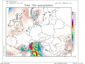 Cantitati extreme de apa acumulate in nord-vestul Italiei luni si marti. Sursa: model WRF Modellzentrale