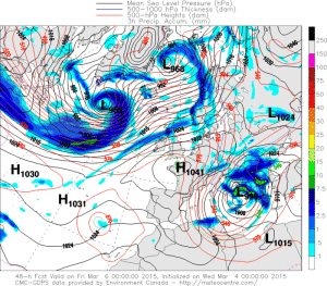 campul ciclonic din zona Balcanilor si precipitatiile asociate, vineri dimineata. Sursa: meteocentre.com – model GEM