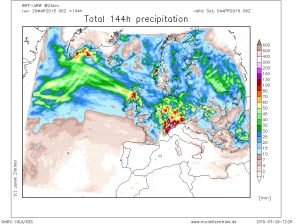 precipitații acumulate până sâmbătă la  nivelul Europei, cu maximul propus în zona Germaniei. Sursa: model WRF Modellzentrale