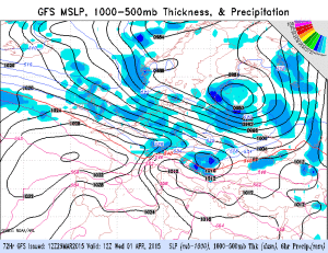 Câmpul de presiune și precipitațiile miercuri după-amiază. Sursa: model GFS/NOAA