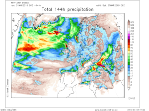 simulare radar pentru luni seara - se observa precipitatii puternice in vest. Sursa: model WRF Rometex
