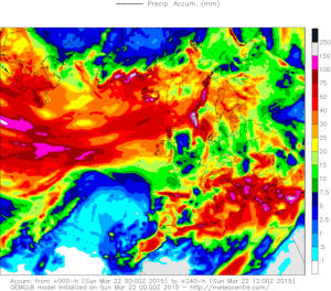Precipitațiile acumulate în cursul săptămânii viitoare; nicio regiune nu pare ferită de ploi. Sursa: meteocentre.com