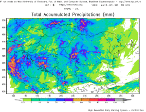 Precipitații acumulate până miercuri seară, cantitățile cele mai ridicate vor fi în Oltenia și în partea de centru-vest a țării. Sursa: model HREWS-CTL