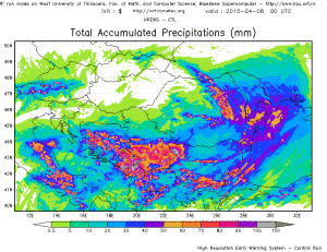 Cantitățile de precipitații acumulate până joi. Sursa: model HREWS-CTL