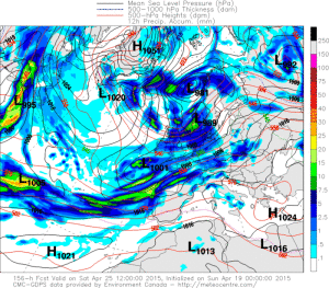 Front atlantic ce va pătrunde prin vestul Europei în noaptea de sâmbătă spre duminică cu precipitațiile asociate. Sursă: meteocentre.com, model GEM
