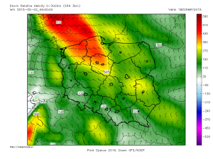 Parametrul convectiv "SRH” - storm relative helicity - este un indicator că furtunile vor fi în rotație și foarte severe; după cum se poate observa este la valori foarte ridicate în nordul Poloniei marți seara. Sursa: meteomodel.pl