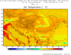 Temperaturi maxime așteptate a se înregistra sâmbătă după-amiază în România. Sursa: model HREWS-CTL. 