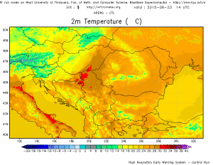 Temperaturile estimate a se inregistra in dupa-amiaza zilei de marti. Frontul rece care va afecta Romania in ziua urmatoare este foarte bine reliefat prin gradientul mare de temperatura din zona Ungariei, pe o linie foarte ingusta de numai cativa kilometri temperaturile scazand brusc de la 30 la 22 de grade Celsius! Sursa: model HREWS-CTL.
