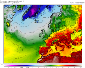 Temperaturi extrem de ridicate așteptate a se înregistra în sudul continentului la mijlocul săptămânii. În imagine sunt valorile maxime estimate pentru ziua de miercuri, când în Spania se pot atinge 45 de grade Celsius! Sursa: meteomodel.pl, model GFS.