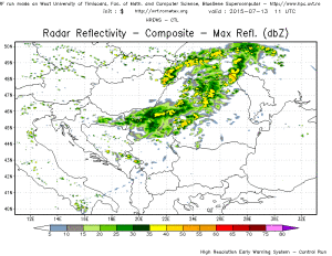 Simulare a reflectivității radar pentru după-amiaza zilei de luni. Multe furtuni vor fi în desfășurare în special în Transilvania și în nordul Moldovei. Sursa: model HREWS-CTL, Universitatea de Vest Timișoara. 