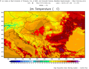 Temperaturi foarte ridicate estimate a se inregistra in sudul si in sud-estul Romaniei pe parcursul zilei de duminica. Sursa: model HREWS-CTL.