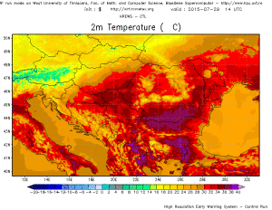 Temperaturile estimate a se inregistra in dupa-amiaza zilei de miercuri  - canicula puternica asteptata in special in sudul tarii. Sursa: model HREWS-CTL, Universitatea de Vest Timisoara.
