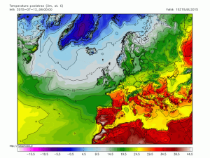 Temperaturi extrem de ridicate așteptate a se înregistra în Peninsula Iberică miercuri. Sursa: meteomodel.pl, model GFS.
