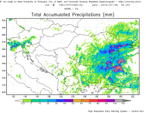Cantitati de precipitatii estimate a se acumula pana duminica seara, valori cumulate mai ridicate (30-40 de mm) fiind posibile a se inregistra in sud-est. Sursa: model HREWS-CTL.