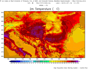 Temperaturile estimate pentru dupa-amiaza zilei de duminica. Sursa: model HREWS-CTL, Universitatea de Vest Timisoara.