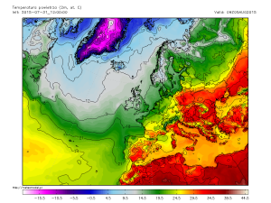 Contrast termic ridicat in urma trecerii frontului rece prin vestul si centrul Europei miercuri: in est se va mentine o vreme calduroasa, in timp ce in vest se va raci serios. Sursa: meteomodel.pl, model GFS.