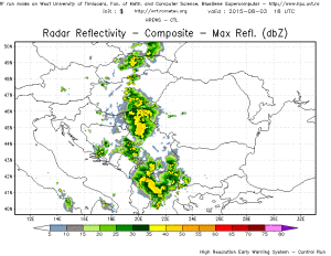 Simulare radar a precipitatiilor ce vor afecta tangential vestul tarii in seara zilei de luni. Sursa: model HREWS-CTL, Universitatea de Vest Timisoara.