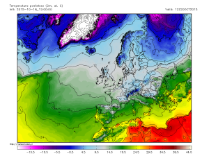 Temperaturile maxime estimate pe parcursul zilei de marti in Europa. Sudul Romaniei se va afla in centrul unei advectii de aer cald, in timp ce restul zonelor tarii vor avea parte de temperaturi apropiate de normalul climatologic al perioadei. Sursa: meteomodel.pl, model GFS.