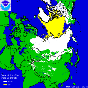 Extinderea stratului de zapada in Rusia la data de 25 octombrie 2015. Sursa: NOAA.