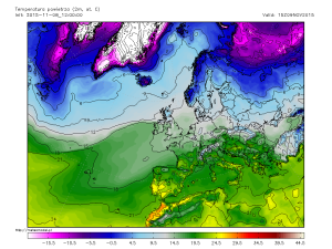 Temperaturile maxime estimate a se inregistra pe parcursul zilei de luni; sudul tarii noastre va avea parte de unele dintre cele mai ridicate temperaturi din intreaga Europa! Sursa: meteomodel.pl, model GFS.
