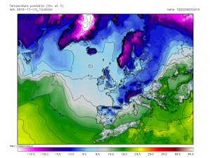 Influxul masiv de aer rece in vestul Europei in acest week-end va propulsa in acelasi timp in estul continentului (inclusiv in tara noastra) un aer deosebit de cald. De altfel, duminica in Romania sunt sanse sa se inregistreze cele mai ridicate temperaturi din intreaga Europa! Sursa: meteocentre.com, model GEM.