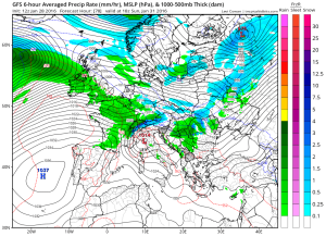Tipul precipitatiilor preconizat de catre modelul numeric american GFS pentru seara zilei de duminica. Local in Transilvania si Maramures precipitatiile se vor transforma in lapovite si ninsori. Sursa: tropicaltidbits.com.