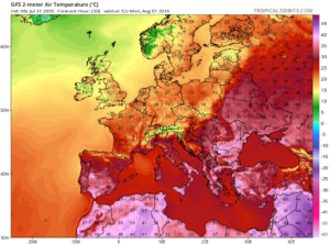 Temperaturile estimate a se inregistra in cursul dupa-amiezii de luni. In sudul Romaniei canicula va fi pronuntata, iar valorile termice vor ajunge izolat pana la 38-39 de grade Celsius. Sursa: tropicaltidbits.com, model GFS.