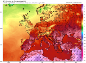 Canicula va pune din nou stapanire pe Romania la finalul saptamanii, cand temperaturile vor atinge si depasi usor pragul de 35 de grade Celsius. Pe harta de mai sus sunt reprezentate temperaturile estimate a se inregistra in cursul dupa-amiezii de vineri, cand maximele termice pot atinge 36, chiar si 37 de grade cu totul izolat in zona Luncii Dunarii. Sursa: tropicaltidbits.com, model GFS.