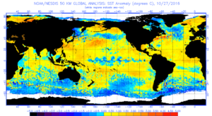 Abaterile temperaturii in apele marilor si oceanelor de pe Glob la data de 27 octombrie 2016. Sursa: NOAA.