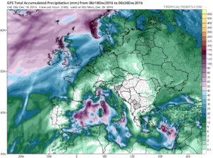 Cantitatile de precipitatii estimate a se acumula pana in noaptea de duminica spre luni. In conditiile unui puternic regim anticiclonic, tara noastra se va numara printre cele mai "uscate" din Europa, doar in regiunile estice fiind asteptate unele precipitatii foarte slabe cantitativ, in special in cursul zilei de marti. Sursa: tropicaltidbits.com, model GFS.