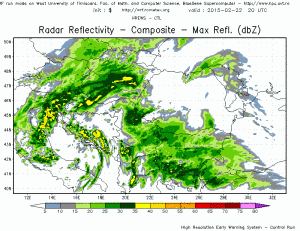 Intrarea unui camp precipitabil prin sud-vestul tarii duminica seara. Sursa: model WRF Rometex