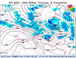Câmpul de presiune și precipitațiile miercuri după-amiază. Sursa: model GFS/NOAA