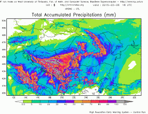 precipitatii acumulate pana vineri seara. Sursa: model WRF Rometex
