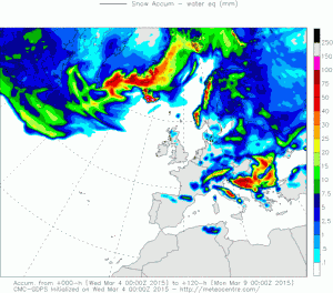 stratul de zapada cumulat pana luni. Sursa: meteocentre.com – model GEM