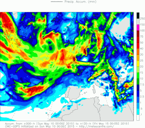 Precipitații acumulate până vineri dimineață. Sursa: meteocentre.com, model GEM