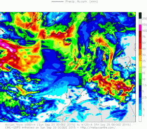 Cantitati de apa estimate a se acumula pana vineri dimineata. Sursa: meteocentre.com, model GEM.
